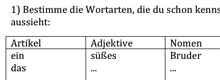 Vorschau: Ausschnitt aus dem Arbeitsblatt 'Übung zur Bestimmung von Wortarten'