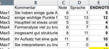 Ausschnitt aus einer Excel-Tabelle, in der eine Klassenarbeit im Fach Deutsch ausgewertet wurde