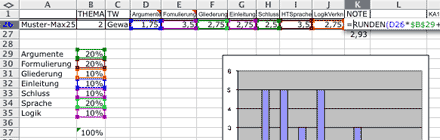 Die einzelnen Leistungsbereiche werden in Excel prozentual gewichtet und zu einer Endnote verarbeitet (Screenshot)
