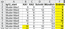 Notenverwaltung mit Excel (Screenshot, Ausschnitt)