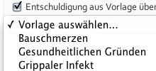 Ausschnitt: Auswahl von Entschuldigungsgründen von Vorlage (Screenshot von myexcuse)