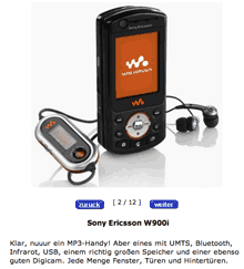 sony ericsson w900i mit Kommentaren zur 'Gefährlichkeit' von xonio.com