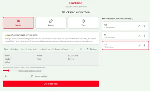 Glücksrad: Schülernamen eingeben, Klassen speichern und auswählen