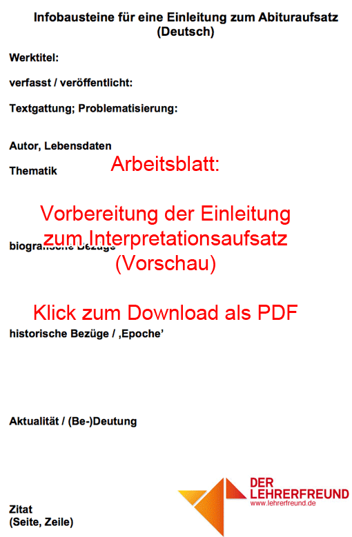 Vorschau: Arbeitsblatt 'Infobausteine für die Einleitung zum Interpretationsaufsatz'