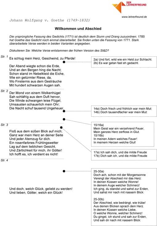 Goethe Willkommen Und Abschied Arbeitsblatt Zur Vertiefung Des Sturm Und Drang Lehrerfreund