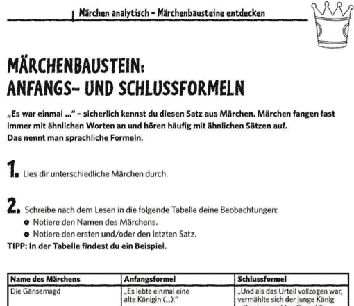 Arbeitsblatt Anfangs-Schlussformel in Märchen - Ausschnitt
