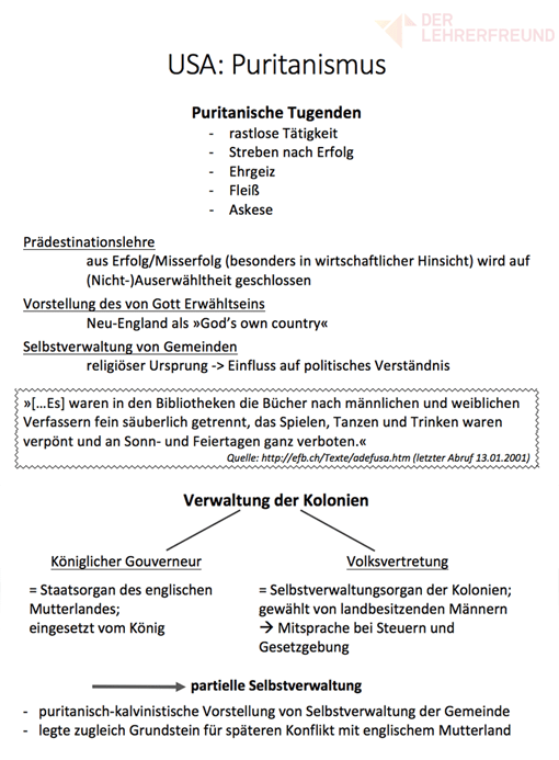 Vorschaubild: Tafelbild/Arbeitsblatt Puritanismus in den frühen USA