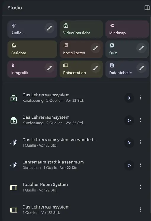 Auswahl verschiedener Formate in NotebookLM (»NotebookLM Studio«)