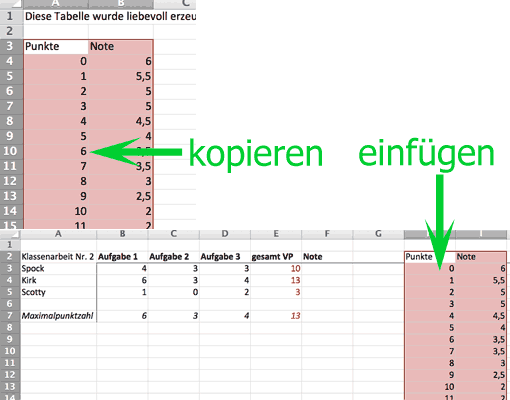 Notenschlüssel in die eigene Excel-Tabelle übernehmen