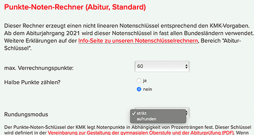 Rundungsmodus 'aufrunden' fuer Abiturschlüssel in BW/Baden-Württemberg