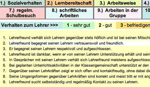 Screenshot: Schülerbeurteilung - Formulierungen auswählen