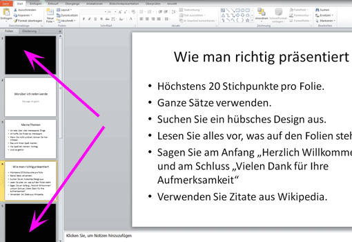 PowerPoint-Präsentation mit leerer Folie an Anfang/Schluss