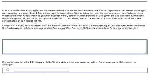 Screenshot: Anonymer Briefkasten auf VroniPlag