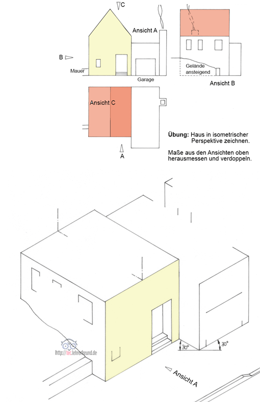 In 3 Ansichten gezeichnetes Gebäude soll in isometrischer Perspektive gezeichnet werden 