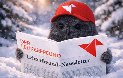 Die Eule sitzt im Schnee und liest den Lehrerfreund-Newsletter