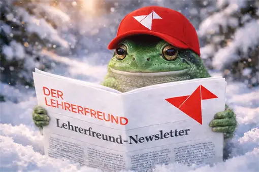 Eine Eule sitzt im Schnee und liest den Lehrerfreund-Newsletter