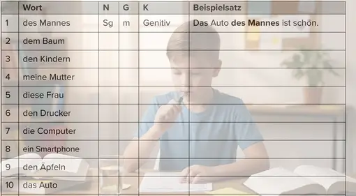 Ausschnitt: Arbeitsblatt Kasus, Numerus, Genus mit Bild eines Schülers