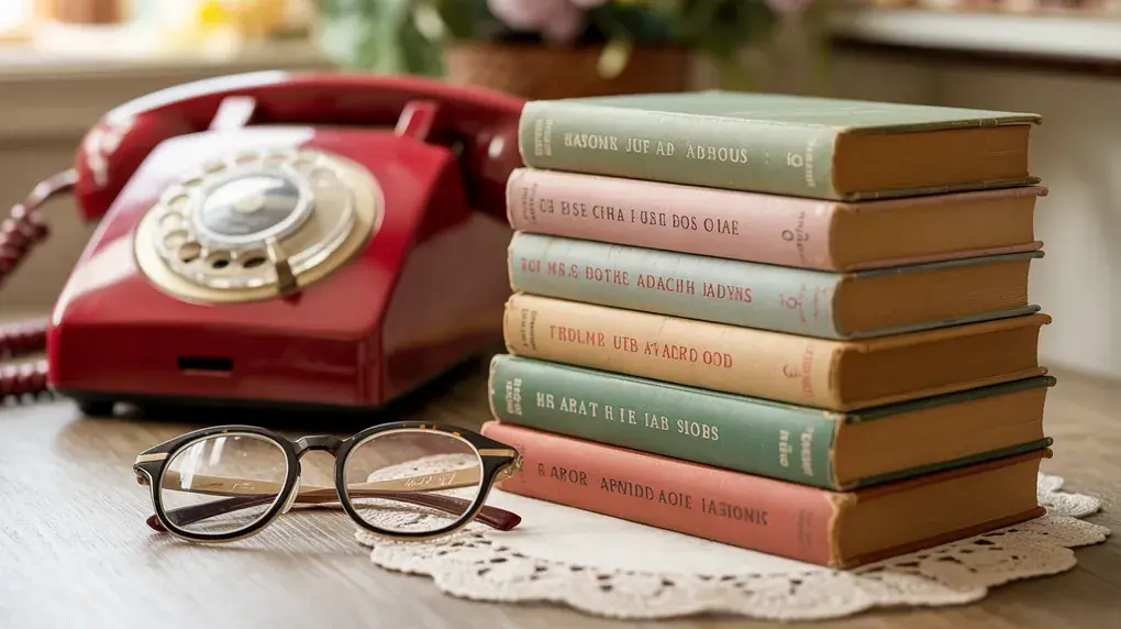 Symbolbild: Stapel alter Ratgeberbücher aus den Fünfzigerjahren neben rotem Telefon