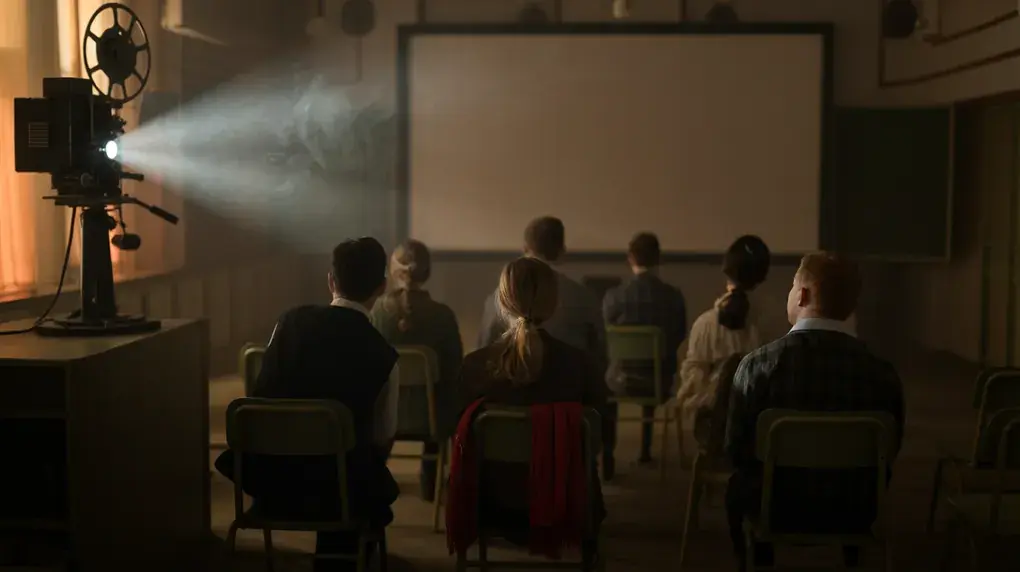 Symbolbild: Filmprojektor wirft Lichtstrahl auf leere Leinwand im Klassenzimmer