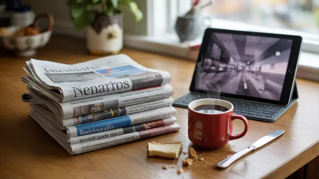 Symbolbild: Zeitungsstapel, Tablet und rote Kaffeetasse auf Frühstückstisch