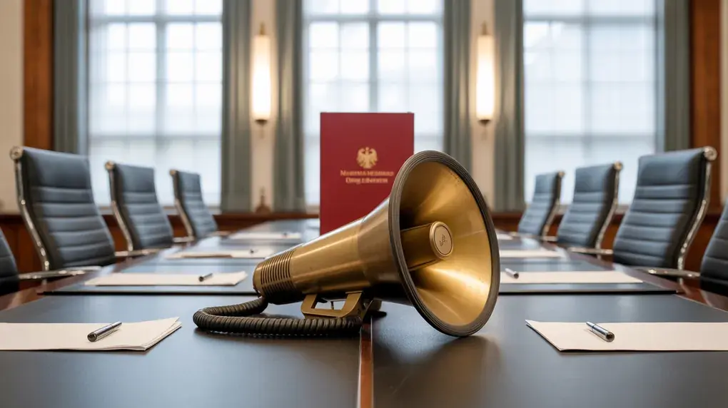 Symbolbild: Megafon und roter Ordner auf leerem Konferenztisch