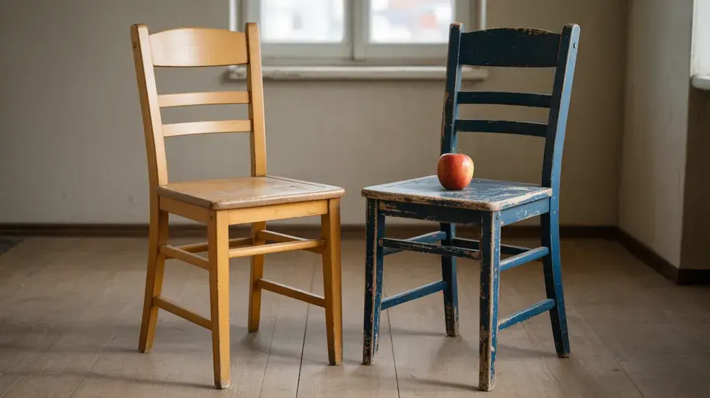 Symbolbild: Zwei Küchenstühle, einer neu und einer abgenutzt mit rotem Apfel