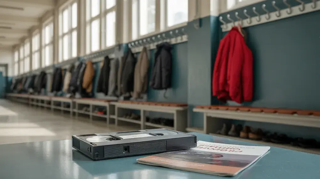 Symbolbild: Leerer Schulflur mit roter Jacke am Haken und VHS-Kassette