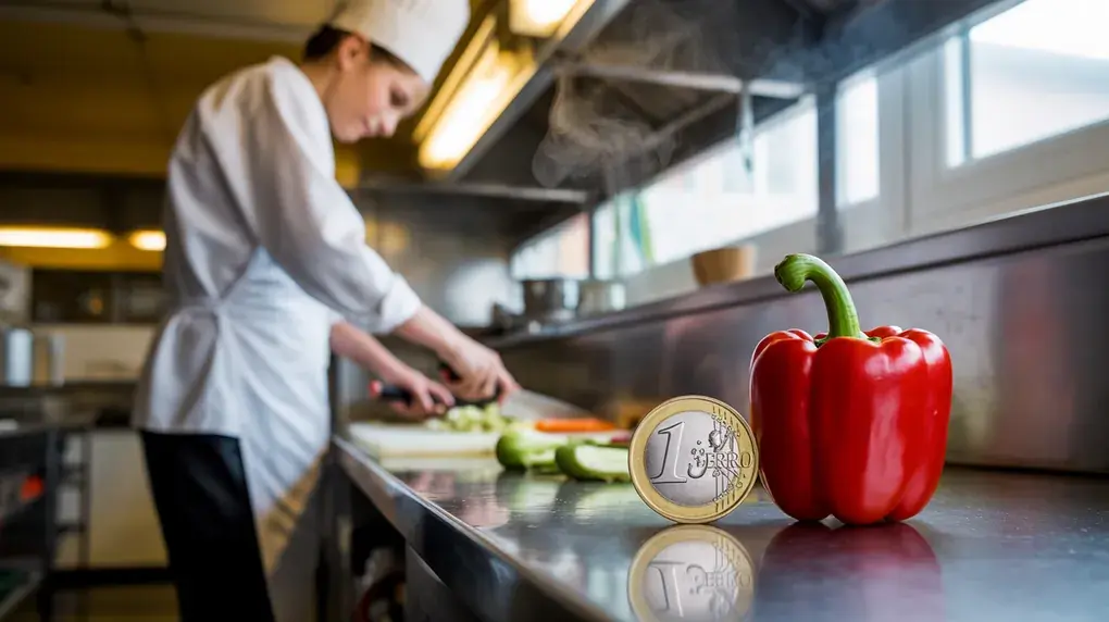 Symbolbild: Koch in Schulküche mit roter Paprika und Euromünze