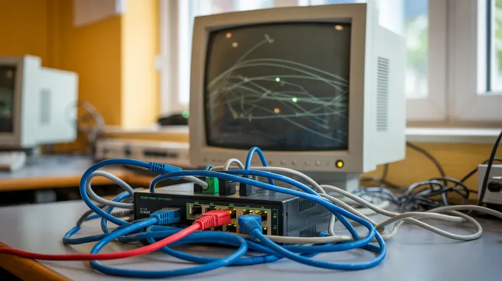 Symbolbild: Netzwerkkabel am Router, ein rotes Kabel, alter Monitor