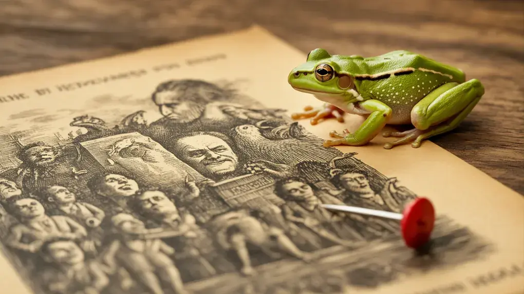 Symbolbild: Frosch beugt sich grübelnd über eine komplizierte alte Karikatur