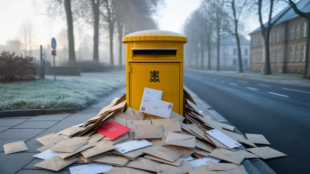 Symbolbild: Überquellender Briefkasten voller Briefe an einem frostigen Januarmorgen