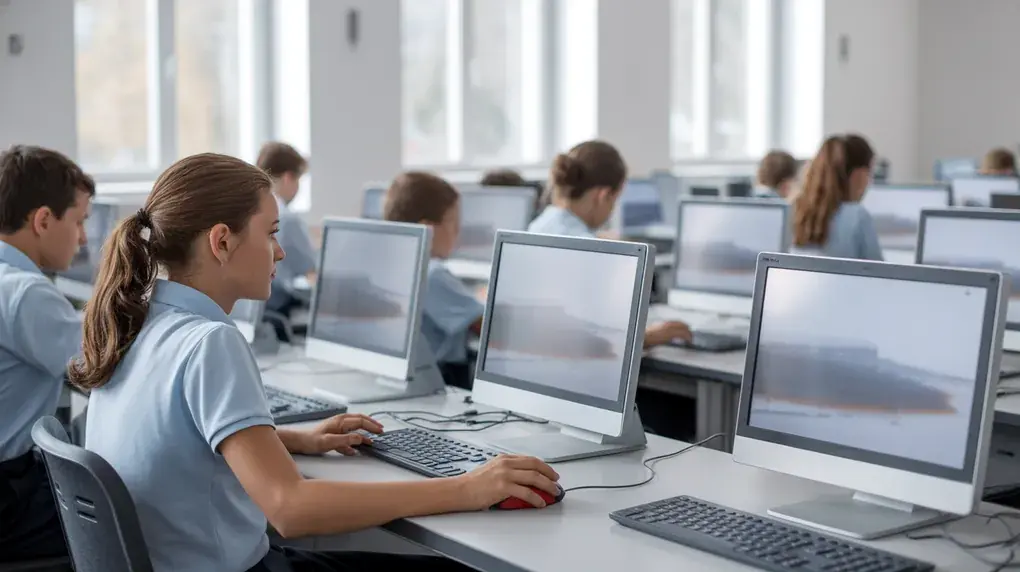 Symbolbild: Computerraum mit weißen Laptops und einer roten Maus