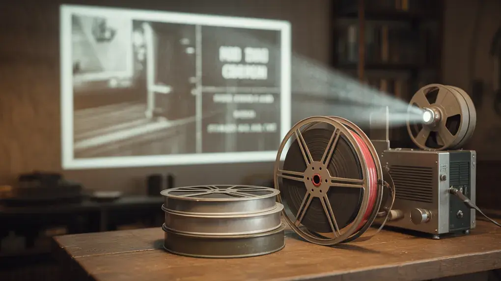 Symbolbild: Filmdosen und Filmrolle neben altem Projektor mit Lichtstrahl