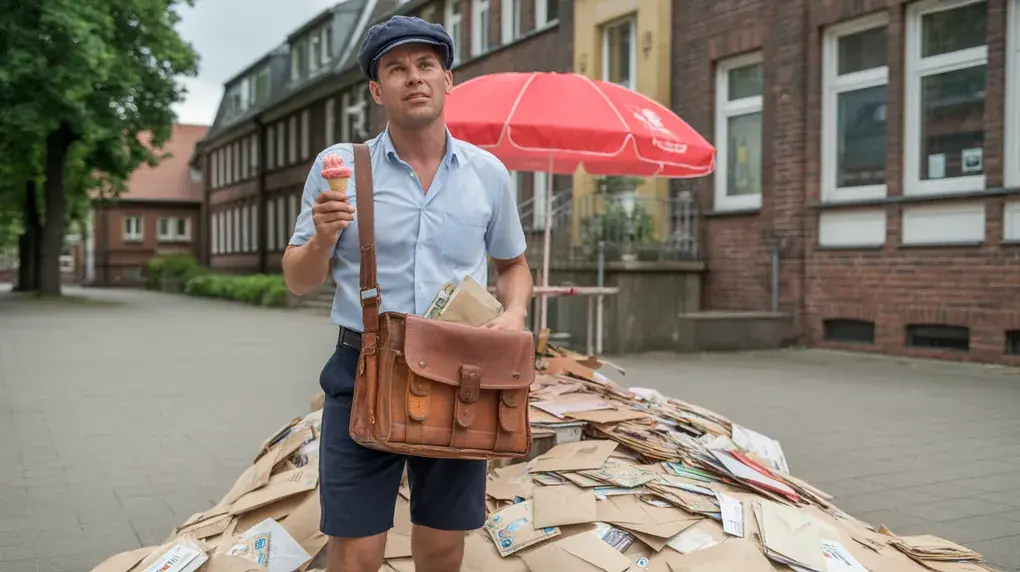 Symbolbild: Postbote mit überquellender Posttasche und Eis vor der Schule im Juli