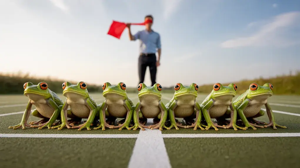 Symbolbild: Sprinter starten alle vor der Startlinie, Lehrer schaut absichtlich weg