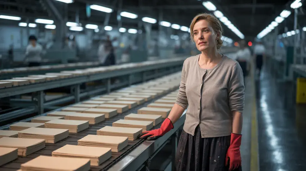 Symbolbild: Lehrerin am Fließband in der Fabrikhalle mit endlosen Heften