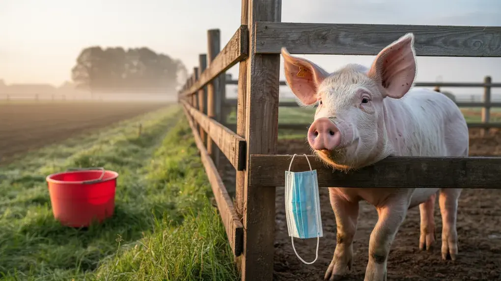 Symbolbild: Rosa Schwein am Zaun mit Mundschutz am Pfosten daneben