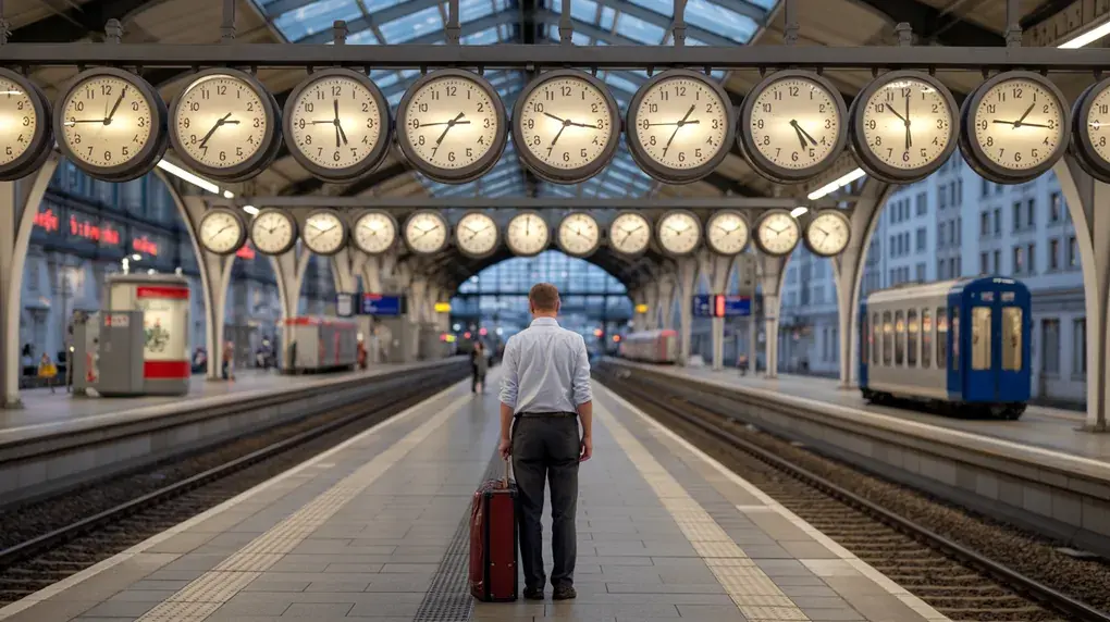 Symbolbild: Bahnsteig mit sechzehn Uhren, die alle verschiedene Zeiten zeigen