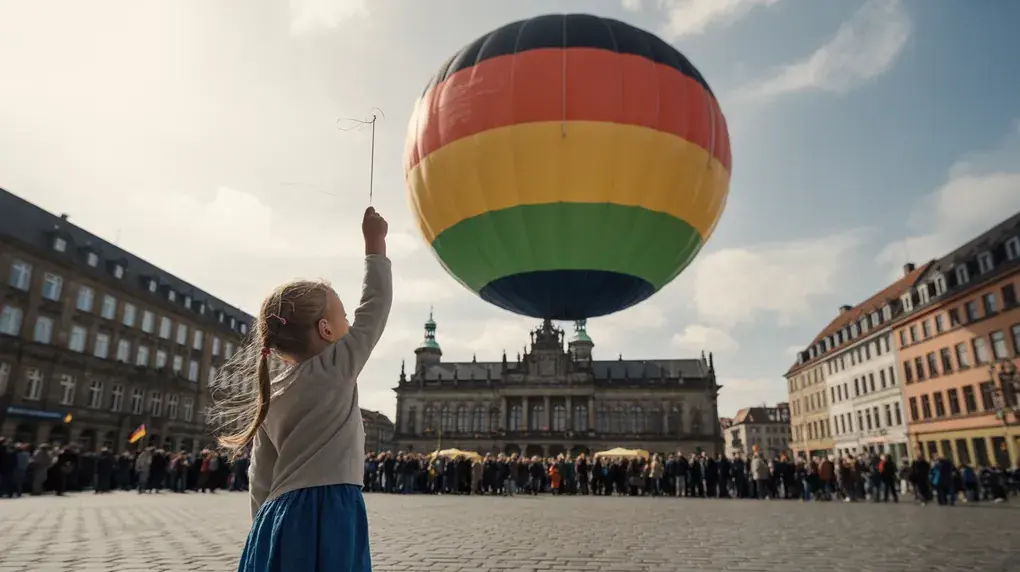 Symbolbild: Riesiger Ballon über einem Rathausplatz, Mädchen hält eine Nadel