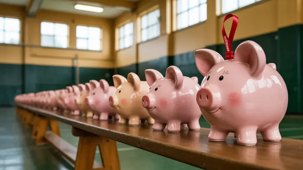 Symbolbild: Sparschweine verschiedener Größe aufgereiht auf einer Turnhallenbank