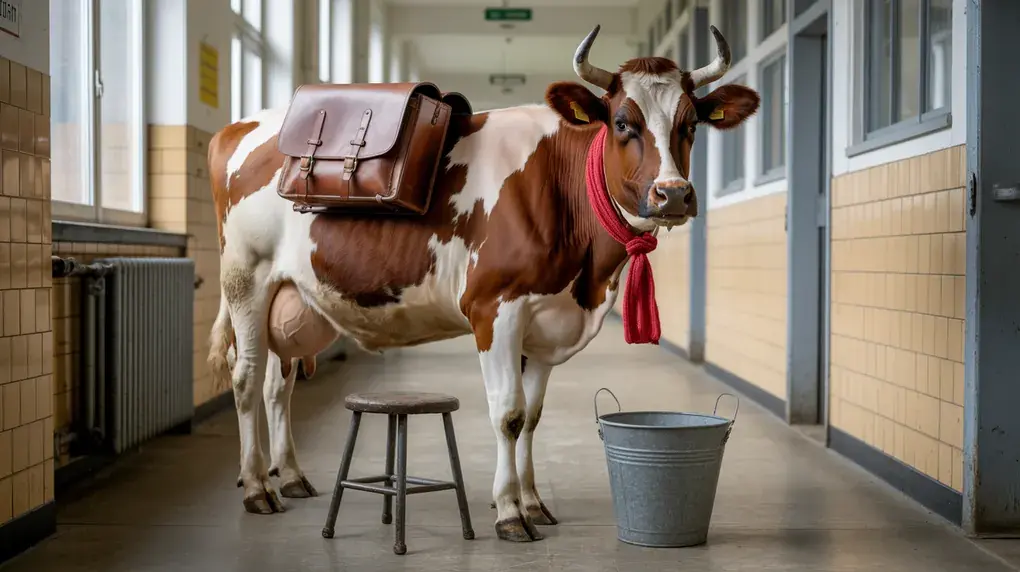 Symbolbild: Kuh mit Lehrertasche und Melkeimer steht im Schulflur