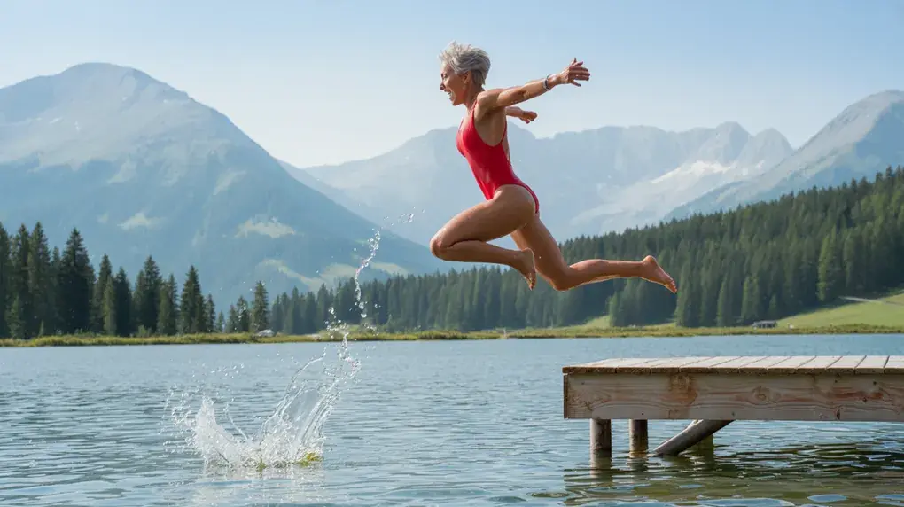 Symbolbild: Grauhaarige Frau springt fröhlich vom Steg in einen Bergsee