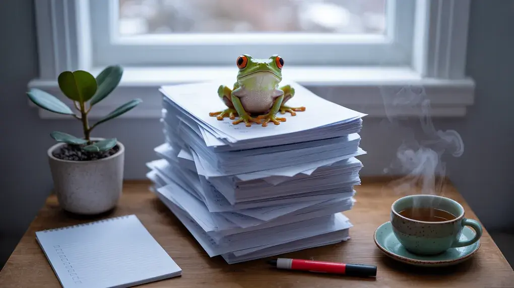 Symbolbild: Lehrerschreibtisch von oben mit Klassenarbeiten, kleinem Frosch auf dem Papierstapel, rotem Stift und Tee