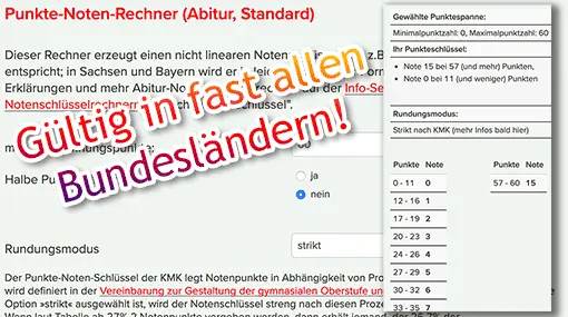 Abiturnotenschlüssel - Rechner-Eingabemaske + Ergebnistabelle