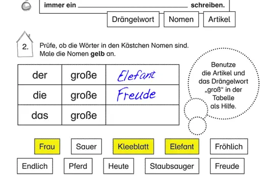 Arbeitsblatt Drängelwörter - Ausschnitt