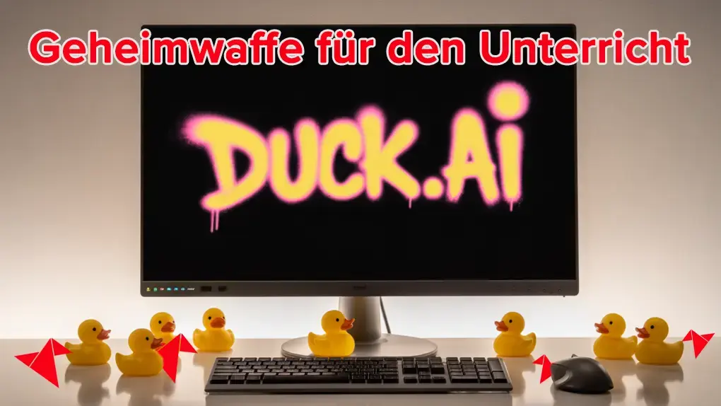 Display mit Aufschrift »Duck.ai« und viele kleine Entchen