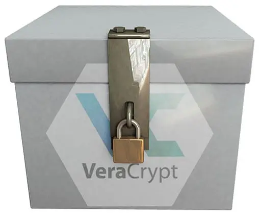 Kiste mit Vorhängeschloss und VeraCrypt-Logo
