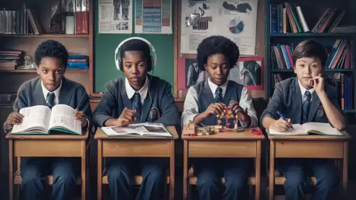 Vier Schüler lernen auf unterschiedliche Art: Sehen, Hören, Handeln, Lesen