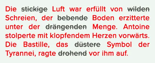 Kurzer Text, in dem alle Adjektive durchgestrichen sind