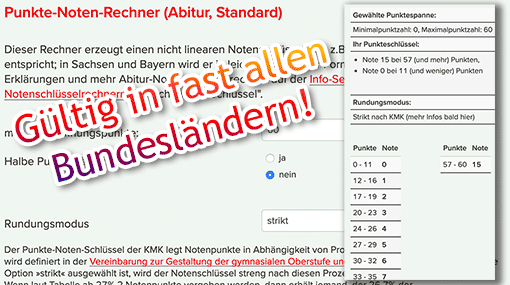 Abiturnotenschlüssel - Rechner-Eingabemaske + Ergebnistabelle